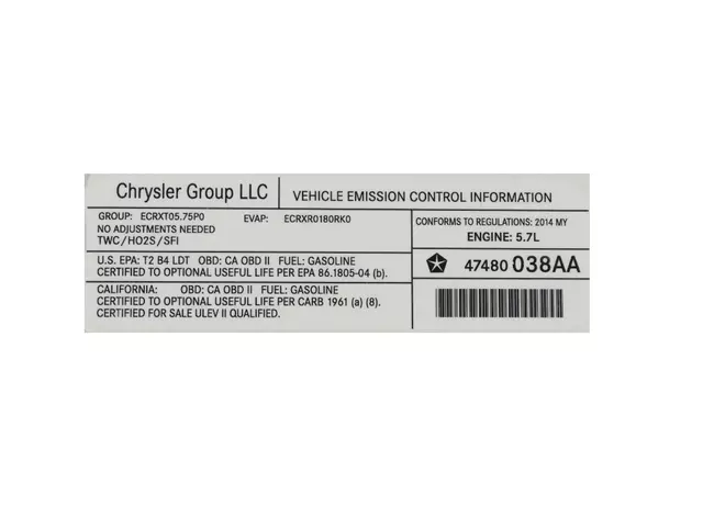 47480038AA - Labels: Vehicle Emission Control Information Label for Mopar Image