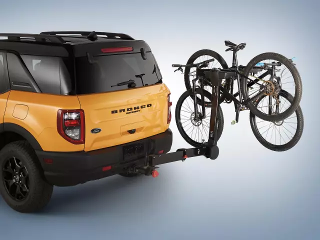 VKB3Z7855100L - Towing: Hitch Mounted Bike Rack - Swing - 4 Bike for Ford: Bronco Sport, E-350 Super Duty, E-450 Super Duty, Escape, Expedition, Explorer, F-150, F-250 Super Duty, F-350 Super Duty, F-450 Super Duty, F-550 Super Duty, Maverick, Ranger Image