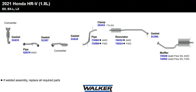 74032 - Exhaust: Direct Fit Exhaust Resonator and Pipe Assembly 2" Inlet (ID) 2" Outlet (OD) for Walker Exhaust Image