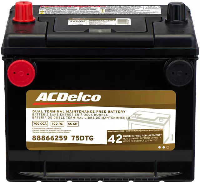 75DTG - Electrical, Charging and Starting: Vehicle Battery for Acura: Integra, SLX | Buick: Century, Electra, LeSabre, Park Avenue, Regal, Riviera, Roadmaster, Skyhawk, Skylark, Somerset, Somerset Regal | Cadillac: Cimarron | Chevrolet: Astro, Beretta, Blazer, C/K Pickup, C1500, C2500, C3500, Camaro, Caprice, Cavalier, Celebrity, Chevette, Citation II, Classic, Commercial Chassis, Corsica, Corvette, El Camino, G10, G20, G30, Impala, K1500 Pickup, K2500 Pickup, K3500 Pickup, K5 Blazer, LLV, Lumina, Lumina APV, Malibu, Monte Carlo, P20, P30, R10, R20, R2500, R30, R3500, S10, S10 Blazer, Suburban C10, Suburban C20, Suburban K10, Suburban K20, Suburban R10, Suburban R1500, Suburban R20, Suburban R2500, Suburban V10, Suburban V1500, Suburban V20, Suburban V2500, V10, V20, V30, V3500 | Chrysler: E Class, Executive Sedan, Fifth Avenue, Laser, LeBaron, New Yorker, Town &amp; Country | Dodge: 600, Aries, B150, B250, B350, Caravan, Charger, Colt, D150, D250, D350, Daytona, Diplomat, Lancer, Mini Ram, Omni, Power Ram 50, Raider, Ram 50, Ramcharger, Rampage, Shadow, Stealth, W150, W250, W350 | GMC: C1500 Pickup, C2500 Pickup, C3500 Pickup, Caballero, G1500, G2500, G3500, Jimmy, Jimmy S15, K1500 Pickup, K2500 Pickup, K3500 Pickup, P2500, P3500, R1500 Pickup, R2500 Pickup, R3500 Pickup, S15, Safari, Sonoma, Suburban C1500, Suburban C2500, Suburban K1500, Suburban K2500, Suburban R1500, Suburban R2500, Syclone, Typhoon, V1500, V1500 Suburban, V2500, V2500 Suburban, V3500 | Honda: Accord, Passport, Prelude | Hyundai: Elantra, Excel, Scoupe, Sonata | INFINITI: J30, M30, Q45, QX4 | Isuzu: Amigo, Hombre, I-Mark, Impulse, Pickup, Rodeo, Trooper | Jeep: Grand Wagoneer | Land Rover: Discovery, Range Rover | Mazda: 323, B2000, B2200, B2600 | Mitsubishi: 3000GT, Diamante, Expo, Mighty Max, Mirage, Montero, Montero Sport, Precis, Sigma | Nissan: 200SX, 300ZX, 720, D21, Pathfinder, Pickup, Sentra, Stanza, Van, Xterra | Oldsmobile: 88, 98, Achieva, Alero, Bravada, Calais, Custom Cruiser, Cutlass, Cutlass Calais, Cutlass Ciera, Cutlass Cruiser, Cutlass Salon, Cutlass Supreme, Delta 88, Firenza, Omega, Silhouette, Toronado | Pontiac: 6000, Bonneville, Fiero, Firebird, Grand Am, Grand Prix, J2000 Sunbird, Parisienne, Phoenix, Safari, Sunbird, Sunfire, T1000, Trans Sport | Subaru: Brat, DL, GL, GL-10, Loyale, RX, Standard, SVX, XT | Toyota: 4Runner, Paseo, Pickup, Starlet, Tercel, Van Image
