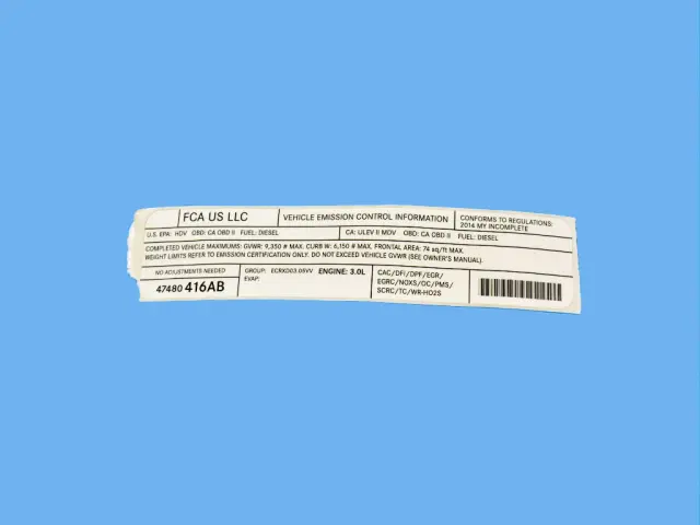 47480416AB - Labels: Vehicle Emission Control Information Label for Mopar Image image