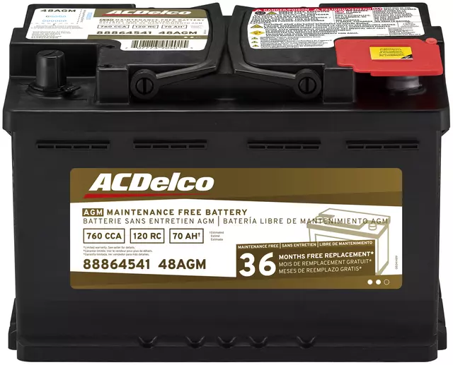 48AGM - Electrical: ACDelcoâ„¢ Vehicle Battery for Buick: Encore, Encore GX, Envista, LaCrosse, Regal, Verano | Cadillac: ATS, CT5, CTS, Escalade, Escalade ESV | Chevrolet: Camaro, Caprice, Captiva Sport, Colorado, Corvette, Cruze, Equinox, Impala, Malibu, Silverado 1500, Silverado 2500 HD, Silverado 3500 HD, SS, Suburban, Suburban 3500 HD, Tahoe, Trailblazer, Trax | GMC: Canyon, Sierra 1500, Sierra 2500 HD, Sierra 3500 HD, Terrain, Yukon, Yukon XL Image