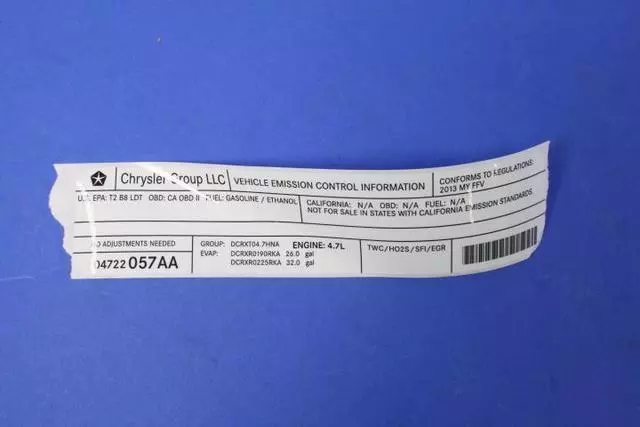 4722057AA - Labels: Vehicle Emission Control Information Label for Mopar Image