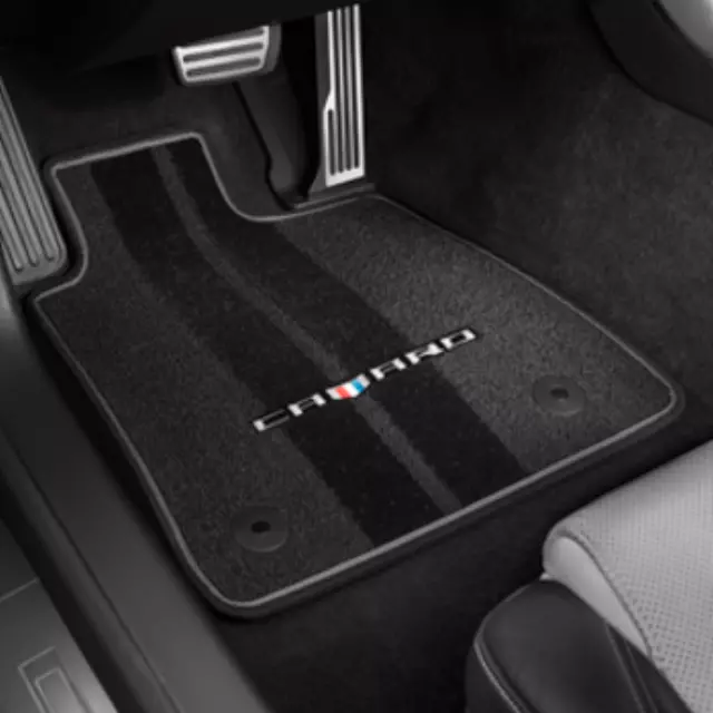 GM Accessories 23240684 - Front and Rear Carpeted Floor Mats in Jet Black with Gray Stitching and Camaro Script [2016+ Camaro] - GM (23240684)