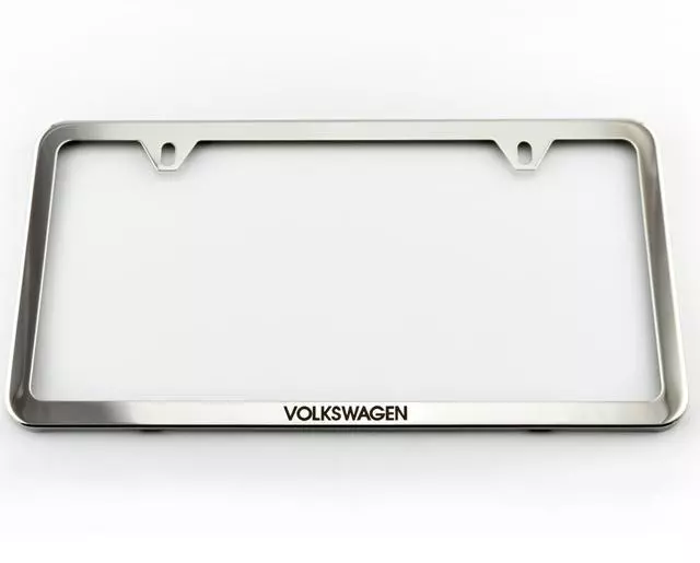 71801AB5R5 - Exterior: License Plate Frame, Slim With Logo for Volkswagen: Arteon, Atlas, Beetle, CC, e-Golf, Eos, Golf, Golf Alltrack, Golf SportWagen, GTI, ID. Buzz, ID.4, Jetta, Passat, Taos, Tiguan, Tiguan Limited, Touareg Image