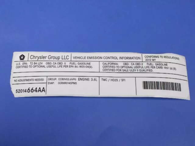 52014664AA - Labels: Veci Label Label for Chrysler: 300 | Dodge: Challenger, Charger Image