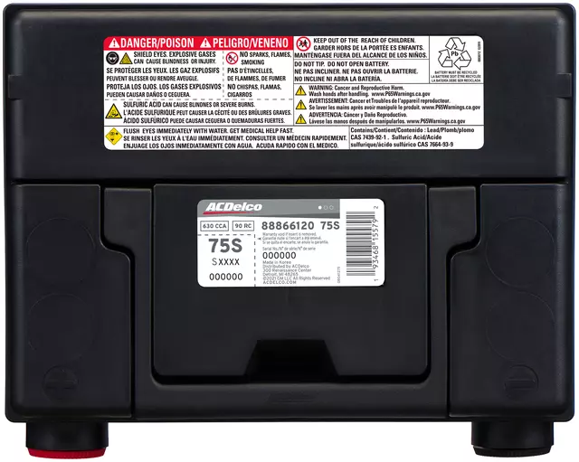 88866120ACDELCO - Electrical, Charging and Starting: Battery for Buick: Century, Electra, LeSabre, Park Avenue, Regal, Riviera, Roadmaster, Skyhawk, Skylark, Somerset, Somerset Regal | Cadillac: Cimarron | Chevrolet: Astro, Beretta, Blazer, C/K Pickup, C1500, C2500, C3500, Camaro, Caprice, Cavalier, Celebrity, Citation II, Classic, Commercial Chassis, Corsica, Corvette, El Camino, Equinox, G10, G20, G30, Impala, K1500 Pickup, K2500 Pickup, K3500 Pickup, K5 Blazer, Lumina, Lumina APV, Malibu, Monte Carlo, P20, P30, R10, R20, R2500, R30, R3500, S10, S10 Blazer, Suburban C10, Suburban C20, Suburban K10, Suburban K20, Suburban R10, Suburban R1500, Suburban R20, Suburban R2500, Suburban V10, Suburban V1500, Suburban V20, Suburban V2500, V10, V20, V30, V3500 | Chrysler: Cirrus, Sebring | Dodge: Stratus | GMC: C1500 Pickup, C2500 Pickup, C3500 Pickup, Caballero, G1500, G2500, G3500, Jimmy, Jimmy S15, K1500 Pickup, K2500 Pickup, K3500 Pickup, P2500, P3500, R1500 Pickup, R2500 Pickup, R3500 Pickup, S15, Safari, Sonoma, Suburban C1500, Suburban C2500, Suburban K1500, Suburban K2500, Suburban R1500, Suburban R2500, Syclone, Typhoon, V1500, V1500 Suburban, V2500, V2500 Suburban, V3500 | Isuzu: Hombre | Oldsmobile: 88, 98, Achieva, Alero, Bravada, Calais, Custom Cruiser, Cutlass, Cutlass Calais, Cutlass Ciera, Cutlass Cruiser, Cutlass Salon, Cutlass Supreme, Delta 88, Firenza, Omega, Silhouette, Toronado | Pontiac: 6000, Bonneville, Fiero, Firebird, G6, Grand Am, Grand Prix, J2000 Sunbird, Parisienne, Phoenix, Safari, Sunbird, Sunfire, Torrent, Trans Sport | Saturn: Aura, Ion, L100, L200, L300, LS, LS1, LS2, LW1, LW2, LW200, LW300, SC, SC1, SC2, SL, SL1, SL2, SW1, SW2, Vue Image
