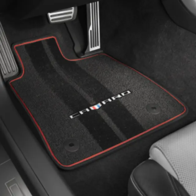 23283734 - : GM Accessories 23283734 - Front and Rear Carpeted Floor Mats in Jet Black with Adrenaline Red Stitching and Camaro Script [2016+ Camaro] for Chevrolet: Camaro Image