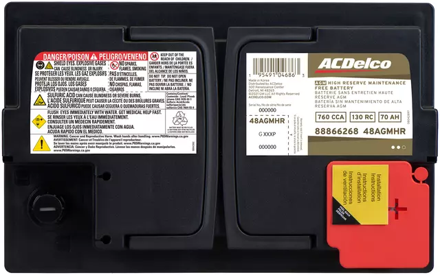 48AGMHR - Electrical, Charging and Starting: Vehicle Battery for Acura: MDX, RDX, TLX | Audi: A3, A3 Quattro, A3 Sportback e-tron, A4, A4 allroad, A4 Quattro, A5, A5 Quattro, A5 Sportback, A6, A6 allroad, A6 Quattro, A7 Quattro, A7 Sportback, A8 Quattro, allroad, e-tron Quattro, e-tron S, e-tron S Sportback, e-tron Sportback, Q3, Q3 Quattro, Q5, Q5 PHEV, Q5 Sportback, Q7, Q8, R8, RS Q8, RS3, RS5, RS6 Avant, RS7, RS7 Sportback, S3, S4, S5, S5 Sportback, S6, S7, S7 Sportback, S8, SQ5, SQ5 Sportback, SQ7, SQ8, TT Quattro, TTS Quattro | BMW: 1 Series M, 128i, 228i Gran Coupe, 228i xDrive Gran Coupe, 320i, 320i xDrive, 325i, 328d, 328d xDrive, 328i, 330e, 330e xDrive, 330i, 330i xDrive, 340i, 340i xDrive, 430i, 430i Gran Coupe, 430i xDrive Gran Coupe, M440i, M440i Gran Coupe, M440i xDrive, M440i xDrive Gran Coupe, X1, X2, X6, Z4 | Buick: Encore, Encore GX, Envista | Cadillac: ATS, CT4, CT5, CTS | Chevrolet: Camaro, Caprice, Equinox, Malibu, Silverado 2500 HD, Silverado 3500 HD, SS, Suburban, Tahoe, Trailblazer, Trax | Chrysler: Pacifica, Voyager | Dodge: Durango | Ford: Bronco, Bronco Sport, E-Transit, EcoSport, Edge, Escape, Expedition, Explorer, F-150, Focus, Fusion, Maverick, Mustang, Police Interceptor Utility, Ranger, Transit-150, Transit-250, Transit-350, Transit-350 HD | GMC: Sierra 2500 HD, Sierra 3500 HD, Terrain, Yukon, Yukon XL | Honda: Odyssey, Passport, Pilot, Ridgeline | Hyundai: Elantra, Kona, Santa Cruz, Santa Fe, Sonata, Tucson, Veloster N | INFINITI: QX60 | Jeep: Cherokee, Compass, Gladiator, Grand Cherokee, Grand Cherokee L, Grand Cherokee WK, Renegade, Wrangler | Kia: K5, Optima, Rio, Seltos, Sorento, Soul, Sportage | Land Rover: Range Rover, Range Rover Sport | Lincoln: Continental, Corsair, MKC | Mercedes-Benz: A220, A35 AMG, AMG GT, AMG GT 43, AMG GT 53, AMG GT Black Series, AMG GT S, C250, C300, C400, C43 AMG, C450 AMG, C63 AMG, C63 AMG S, CL550, CLA250, CLA45 AMG, CLK63 AMG, CLS400, CLS550, CLS63 AMG, CLS63 AMG S, E250, E300, E350, E400, E43 AMG, E450, E63 AMG, E63 AMG S, GLA250, GLA45 AMG, GLB250, GLC300, GLC43 AMG, GLK350, Maybach S550, Maybach S600, Metris, R350, S400, S500, S550e, S560e, S580, S580e, S600, S63 AMG, S65 AMG, SL500, SL55 AMG, SL550, SL600, SL63 AMG, SL65 AMG, SLC300, SLC43 AMG, SLK250, SLK300, SLK350, SLS AMG, Sprinter 1500, Sprinter 2500, Sprinter 3500, Sprinter 3500XD | Mini: Cooper, Cooper Clubman, Cooper Countryman | Nissan: TITAN | Porsche: 718 Boxster, 718 Cayman, 911, Boxster, Cayman | Volkswagen: Arteon, Atlas, Beetle, CC, e-Golf, Eos, Golf, Golf Alltrack, Golf R, GTI, Jetta, Passat, Tiguan, Tiguan Limited | Volvo: S60, S60 Cross Country, S80, V60, V60 Cross Country, XC40, XC60, XC70 Image
