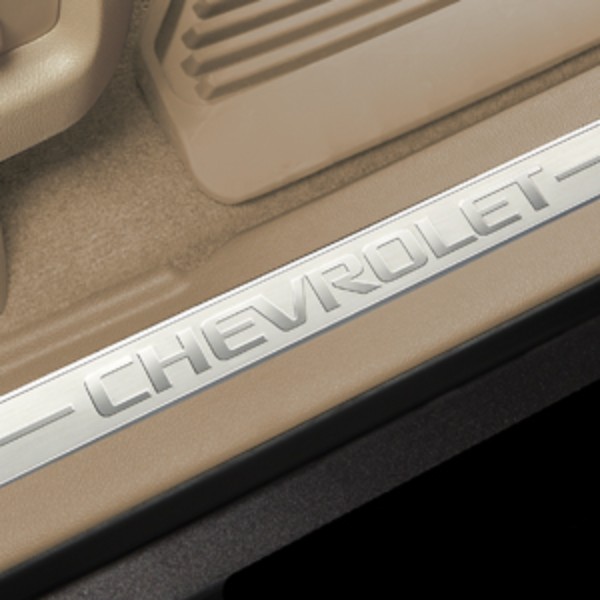 23114163 - Body: Front Door Sill Plates with Cocoa Surround and Chevrolet Script for ACDelco Image