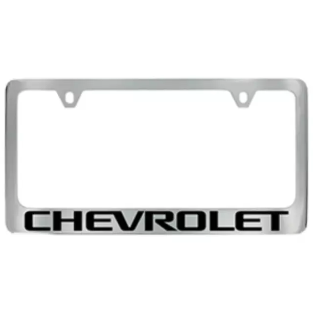 19368098 - Exterior: License Plate Frame, Chrome for Chevrolet: Blazer, Blazer EV, Bolt EV, Camaro, Captiva Sport, City Express, Colorado, Corvette, Cruze, Cruze Limited, Equinox, Equinox EV, Express 1500, Express 2500, Express 3500, Express 4500, Impala, Malibu, Malibu Limited, Silverado 1500, Silverado 1500 LD, Silverado 1500 LTD, Silverado 2500 HD, Silverado 3500 HD, Silverado EV, Sonic, Spark, Spark EV, SS, Suburban, Suburban 1500, Suburban 3500 HD, Tahoe, Trailblazer, Traverse, Trax, Volt Image