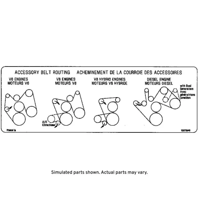 12575049 - : Accessory Belt Routing Label for Cadillac: Escalade, Escalade ESV, Escalade EXT | Chevrolet: Avalanche 1500, Avalanche 2500, Silverado 1500, Silverado 1500 HD, Silverado 2500, Silverado 2500 HD, Silverado 3500, Suburban 1500, Suburban 2500, Tahoe | GMC: Sierra 1500, Sierra 1500 HD, Sierra 2500, Sierra 2500 HD, Sierra 3500, Yukon, Yukon XL 1500, Yukon XL 2500 | Hummer: H2 Image