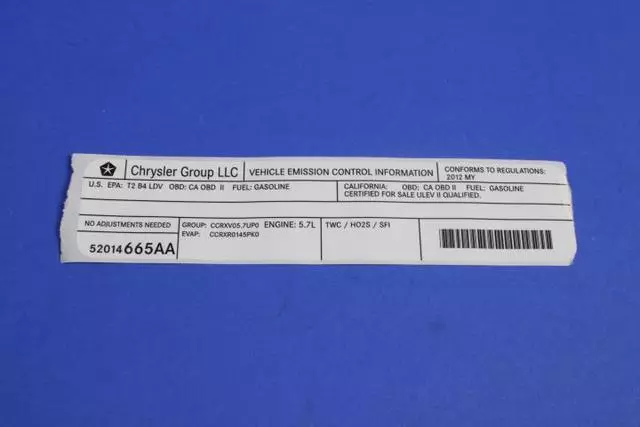 52014665AA - Body: Emission Label for Chrysler: 300 | Dodge: Challenger, Charger Image