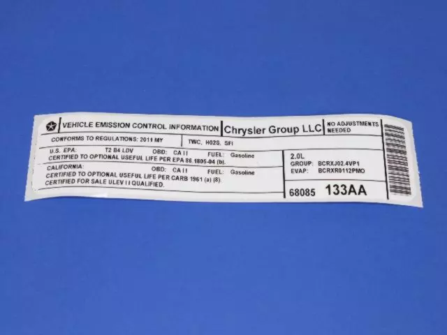 68085133AA - Body: Emission Label for Dodge: Caliber | Jeep: Compass Image