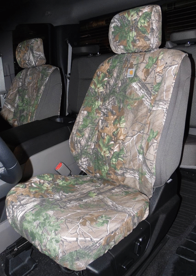 VML3Z2663812B - : Seat Covers - Realtree Protective Seat Covers By Covercraft, Rear Row, 60/40, With Armrest, For SuperCrew, Carhartt Realtree Xtra Green Camo SeatSaver for Ford: E-350 Super Duty, E-450 Super Duty, F-150, F-250 Super Duty, F-350 Super Duty, F-450 Super Duty, F-550 Super Duty Image