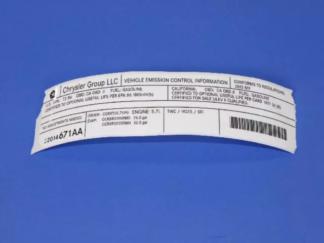 52014671AA - Labels: Vehicle Emission Control Information Label for Ram: 1500 Image