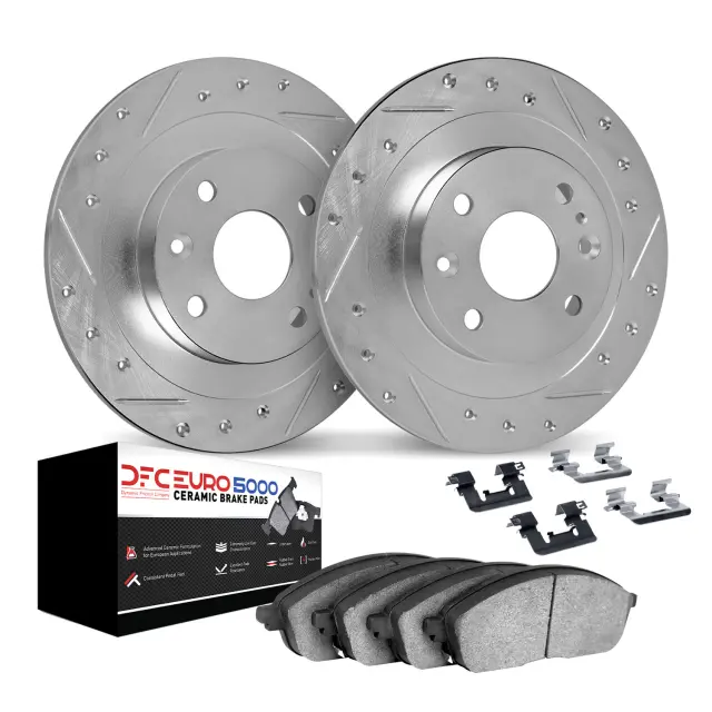 761274001 - : DFC Rotors-Drilled &amp; Slotted-Silver w/ EURO 5000 Ceramic Brake Pads Incl Hdw for DYNAMIC FRICTION Image