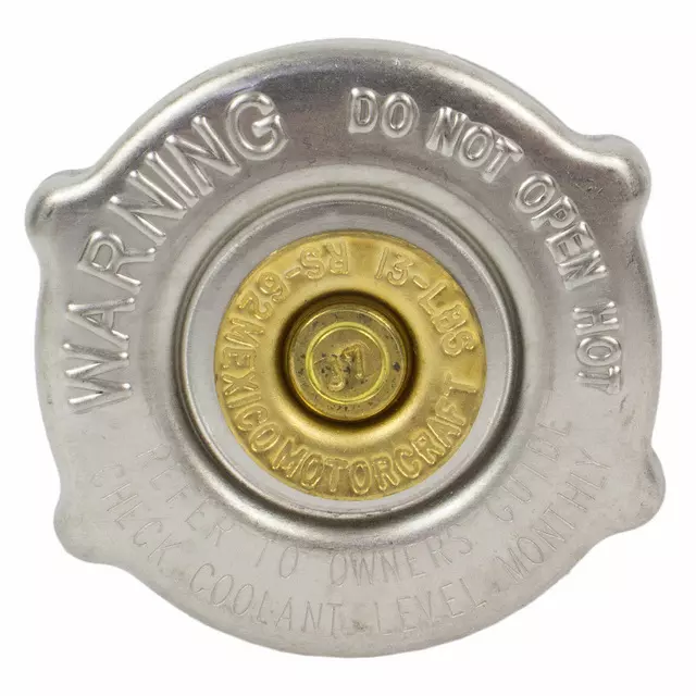 E5TZ8100A - Cooling System: Radiator Cap for Ford: Aerostar, Bronco, Bronco II, E-150, E-150 Club Wagon, E-150 Econoline, E-150 Econoline Club Wagon, E-250, E-250 Econoline, E-250 Econoline Club Wagon, E-350 Club Wagon, E-350 Econoline, E-350 Econoline Club Wagon, E-350 Super Duty, E-450 Econoline Super Duty, E-450 Super Duty, Econoline Super Duty, Explorer, F-150, F-250, F-250 HD, F-350, F-Super Duty, LTD, Mustang, Ranger | Lincoln: Continental, Mark VII, Town Car | Mercury: Capri, Cougar, Marquis, Mountaineer Image