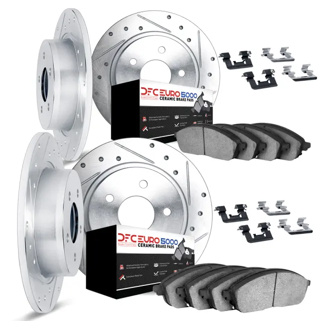 761463018 - : DFC Rotors-Drilled &amp; Slotted-Silver w/ EURO 5000 Ceramic Brake Pads Incl Hdw for DYNAMIC FRICTION Image