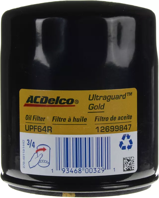 UPF64RF - Engine: Oil Filter for Buick: Encore, Envision, LaCrosse, Regal, Regal Sportback, Regal TourX | Cadillac: ATS, CT6, CTS | Chevrolet: Camaro, Captiva Sport, Colorado, Corvette, Cruze, Equinox, Impala, Impala Limited, Malibu, Malibu Limited, Spark, Traverse, Volt | GMC: Acadia, Canyon, Terrain Image