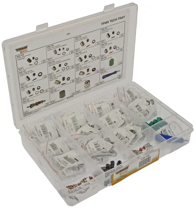 30100 - Tire and Wheel: TPMS Tech Tray With 5 Each Of 11 Valve Core Kits, 25 Valve Cores, Assorted Caps for Dorman Image