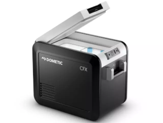 19432145 - Merchandise: Cooler By Dometic, CFX3-25 Powered Cooler for Buick: Enclave, Encore, Encore GX, Envision, Envista, Regal Sportback, Regal TourX | Cadillac: CT4, CT5, CT6, Escalade, Escalade ESV, LYRIQ, XT4, XT5, XT6 | Chevrolet: Blazer, Bolt EUV, Bolt EV, Camaro, Colorado, Equinox, Express 2500, Express 3500, Express 4500, Impala, Malibu, Silverado 1500, Silverado 1500 LTD, Silverado 2500 HD, Silverado 3500 HD, Silverado EV, Sonic, Spark, Suburban, Tahoe, Trailblazer, Traverse, Trax | GMC: Acadia, Canyon, Savana 2500, Savana 3500, Savana 4500, Sierra 1500, Sierra 1500 Limited, Sierra 2500 HD, Sierra 3500 HD, Terrain, Yukon, Yukon XL Image