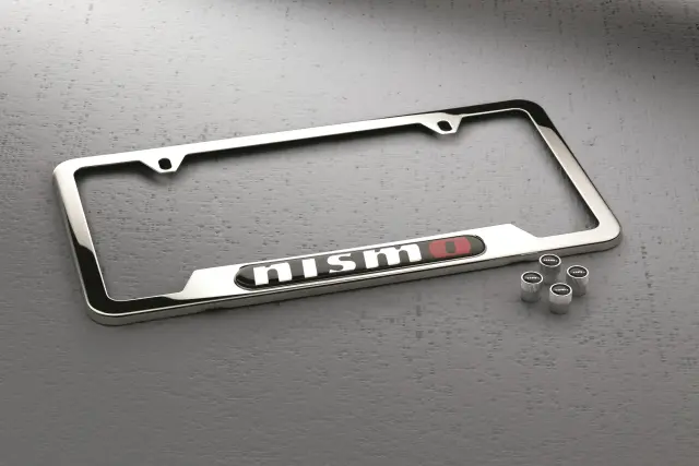 999MBAX001 - : Nismo Chrome License Plate Frame And Valve Stem Caps (Set Of 4) Package (Nismo Logo On Frame And Caps) for Nismo Image