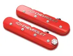 241404 - : Tall LS Valve Cover with Bowtie/Chevrolet Logo - Gloss Red Machined Finish for Holley Image