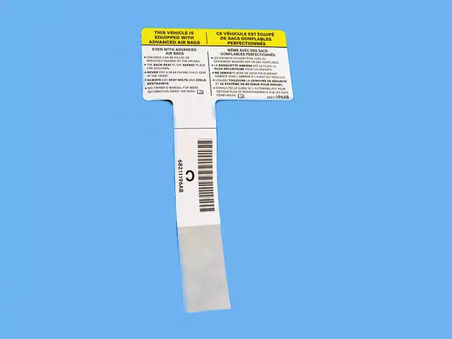 68211196AB - Labels: Air Bag Warning Label for Chrysler: 300, Town &amp; Country | Dodge: Caliber, Challenger, Charger, Dart, Grand Caravan, Journey, Nitro | Fiat: 500 | Jeep: Cherokee, Compass, Liberty, Patriot, Wrangler | Ram: 2500, 3500, C/V, ProMaster 1500, ProMaster 2500, ProMaster 3500 Image
