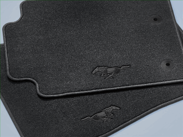 2018-2025 Ford Mustang - Floor Mats, Carpeted, Black w/ Black Pony, 2-Piece Set - Ford (JR3Z-6313300-BB)