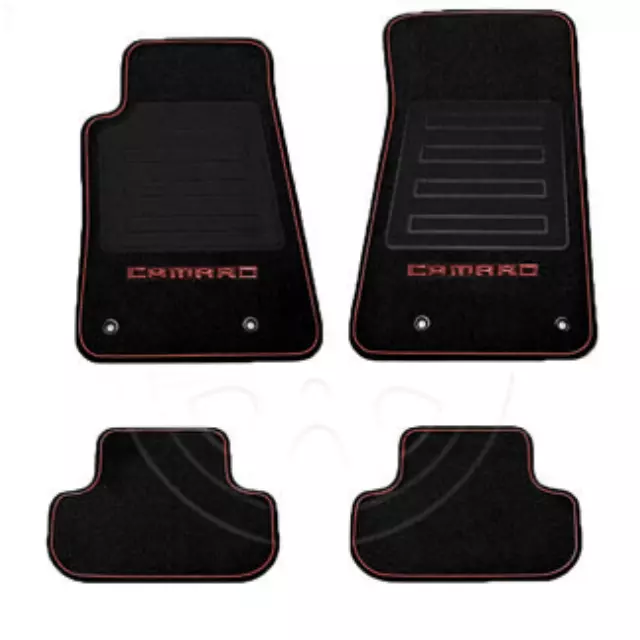 92221511 - Interior: GM Accessories 92221511 - Floor Mats - Front and Rear Premium Carpet, Black Carpet, Inferno Orange Camaro Logo, Red Edging [2013-15 Camaro] for Chevrolet: Camaro Image