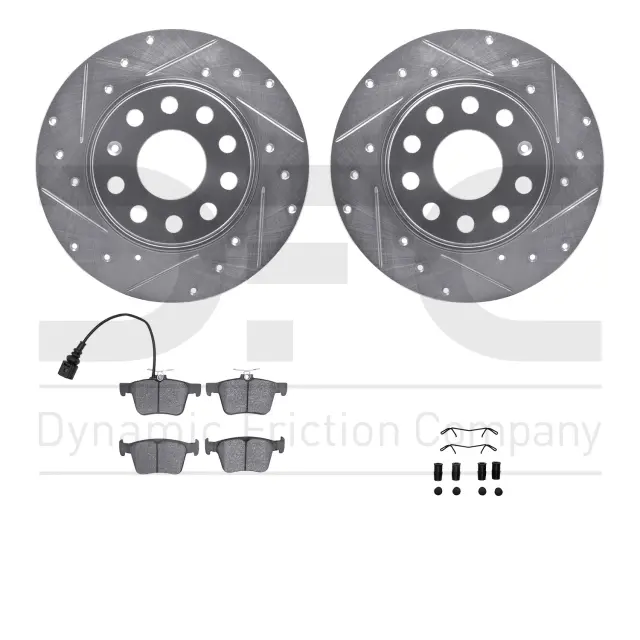 761274041 - : DFC Rotors-Drilled &amp; Slotted-Silver w/ EURO 5000 Ceramic Brake Pads Incl Hdw for DYNAMIC FRICTION Image