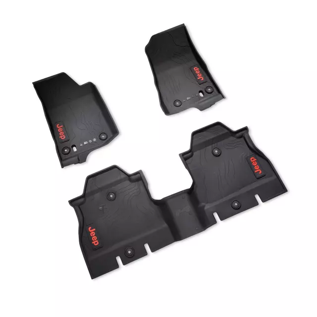 82216623AB All Weather Floor Mats Jeep Wrangler JL 4-Door Red Lettering (2018-2026) OEM - Mopar (82216623AB)