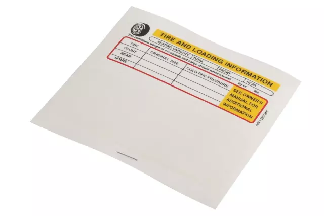 19206430 - Body: Tire Info Label for Buick: Enclave, Envision, Envista, LaCrosse, Regal, Regal Sportback, Regal TourX, Verano | Cadillac: ATS, CT6, CTS, ELR, Escalade, Escalade ESV, Escalade EXT, ESCALADE IQ, LYRIQ, OPTIQ, SRX, XT4, XT5, XT6, XTS | Chevrolet: Avalanche, Blazer, Blazer EV, Bolt EUV, Bolt EV, Camaro, Captiva Sport, Colorado, Corvette, Cruze, Equinox, Equinox EV, Express 2500, Express 3500, HHR, Impala, Malibu, Malibu Limited, Silverado 1500, Silverado 1500 LD, Silverado 2500 HD, Silverado 3500 HD, Silverado EV, Sonic, Suburban, Tahoe, Volt | GMC: Acadia, Canyon, Hummer EV Pickup, Savana 2500, Savana 3500, Sierra 1500, Sierra 1500 Limited, Sierra 2500 HD, Sierra 3500 HD, Sierra EV, Terrain, Yukon, Yukon XL | Hummer: H3T | Saturn: Aura, Sky, Vue Image