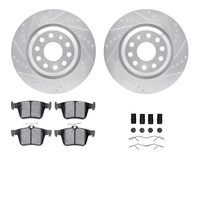 761274036 - : DFC Rotors-Drilled &amp; Slotted-Silver w/ EURO 5000 Ceramic Brake Pads Incl Hdw for DYNAMIC FRICTION Image