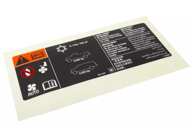 23256364 - : Air Conditioning Refrigerant Warning Label for Cadillac: Escalade, Escalade ESV | Chevrolet: Silverado 1500, Silverado 2500 HD, Silverado 3500 HD | GMC: Sierra 1500, Sierra 2500 HD, Sierra 3500 HD Image