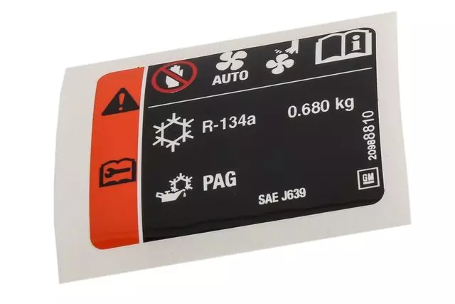 20988810 - : Air Conditioning Refrigerant Charge Label for Buick: LaCrosse, Regal | Cadillac: XTS | Chevrolet: Impala, Malibu, Malibu Limited Image