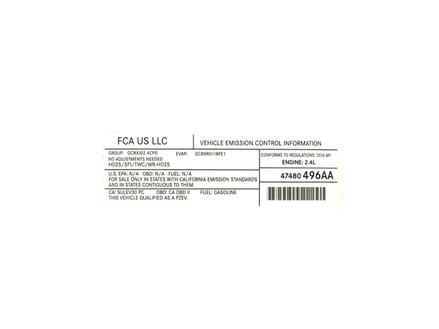 47480496AA - Labels: Vehicle Emission Control Information Label for Mopar Image image