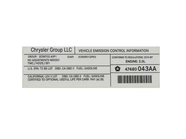 47480043AA - Body: Emission Label for Jeep: Compass, Patriot Image