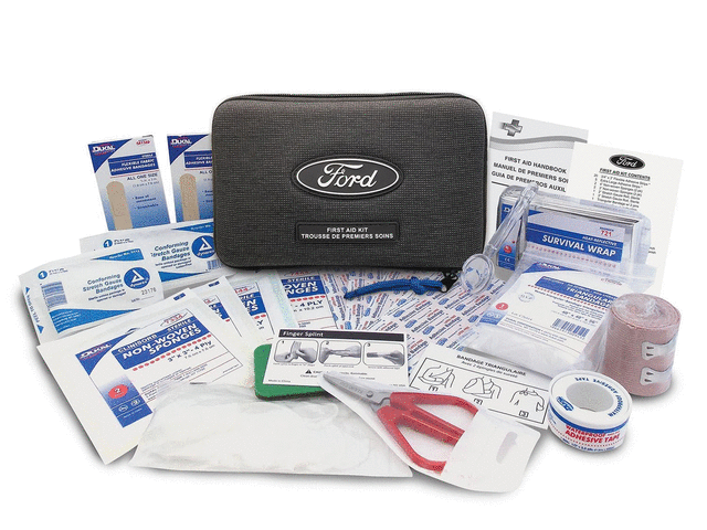 VNK4Z19F515B - : First Aid Kit With Ford Oval for Ford: E-350 Super Duty, E-450 Super Duty, Edge, Escape, Expedition, Explorer, F-150, F-250 Super Duty, F-350 Super Duty, F-450 Super Duty, F-550 Super Duty, Maverick, Mustang, Mustang Mach-E, Transit-150, Transit-250, Transit-350, Transit-350 HD Image