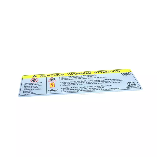 8K0010520A - Body: Caution Label for Audi: A3, A3 Quattro, A3 Sportback e-tron, A4, A4 allroad, A4 Quattro, A5, A5 Quattro, A5 Sportback, A6, A6 allroad, A6 Quattro, A7 Quattro, A7 Sportback, A8 Quattro, allroad, Q3, Q3 Quattro, Q5, Q5 PHEV, Q5 Sportback, Q7, Q8, R8, RS Q8, RS5, RS5 Sportback, RS6 Avant, RS7, RS7 Sportback, S3, S4, S5, S5 Sportback, S6, S7, S7 Sportback, S8, SQ5, SQ5 Sportback, SQ7, SQ8, TT Quattro, TT RS Quattro, TTS Quattro Image