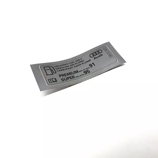 8E0010190S - Body: Fuel Label for Audi: A4, A4 Quattro, A6, A6 Quattro, A7 Quattro, A7 Sportback, A8 Quattro, Q7, Q8, RS Q8, RS5, RS5 Sportback, RS7, S3, S4, S5, S5 Sportback, S6, S7, S7 Sportback, S8, SQ5, SQ5 Sportback, SQ8 Image