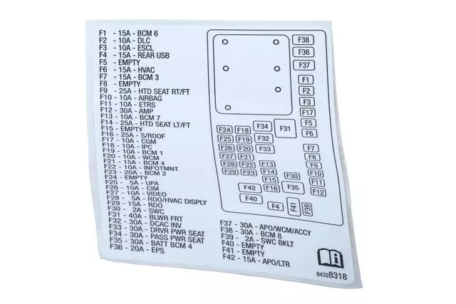 84328318 - : Instrument Panel Wiring Harness Fuse Block Identification Label for GM Image