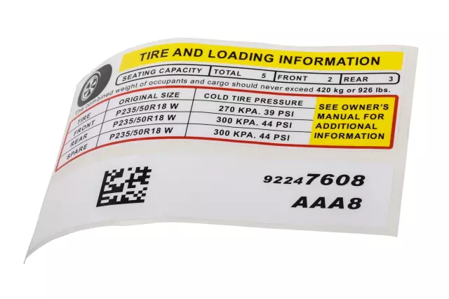 92247608 - : Tire Pressure Label for Chevrolet: Caprice Image