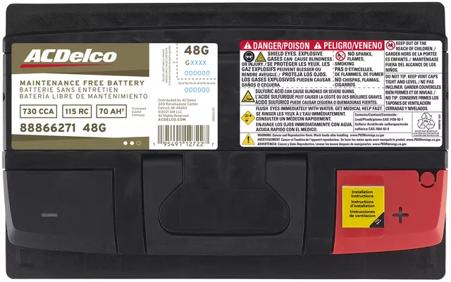 48G - Electrical: ACDelcoâ„¢ Vehicle Battery for Buick: LaCrosse, Regal, Verano | Cadillac: Escalade, Escalade ESV, Escalade EXT, SRX | Chevrolet: Avalanche, Caprice, Captiva Sport, Colorado, Corvette, Cruze, Equinox, Impala, Silverado 1500, Silverado 1500 Classic, Silverado 2500 HD, Silverado 3500 HD, Suburban 1500, Suburban 2500, Tahoe | GMC: Canyon, Sierra 1500, Sierra 1500 Classic, Sierra 2500 HD, Sierra 3500 HD, Terrain, Yukon, Yukon XL 1500, Yukon XL 2500 Image