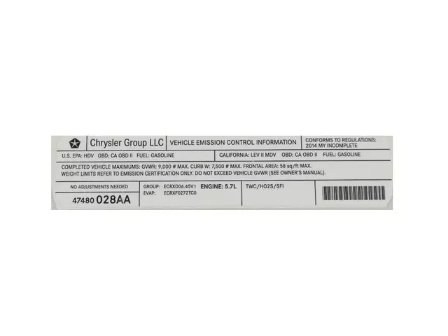 47480028AA - Labels: Vehicle Emission Control Information Label for Mopar Image