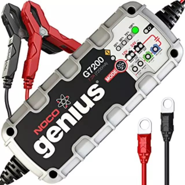 19417441 - : Charger By Noco G7200 Genius for Buick: Cascada, Enclave, Encore, Envision, LaCrosse, Regal, Regal Sportback, Regal TourX, Verano | Cadillac: ATS, CT4, CT5, CT6, CTS, ELR, Escalade, Escalade ESV, SRX, XT4, XT5, XT6, XTS | Chevrolet: Blazer, Bolt EV, Camaro, City Express, Colorado, Cruze, Cruze Limited, Equinox, Express 2500, Express 3500, Express 4500, Impala, Malibu, Malibu Limited, Silverado 1500, Silverado 2500 HD, Silverado 3500 HD, Sonic, Spark, Spark EV, SS, Suburban, Suburban 3500 HD, Tahoe, Trailblazer, Traverse, Trax, Volt | GMC: Acadia, Acadia Limited, Canyon, Savana 2500, Savana 3500, Savana 4500, Sierra 1500, Sierra 2500 HD, Sierra 3500 HD, Terrain, Yukon, Yukon XL Image