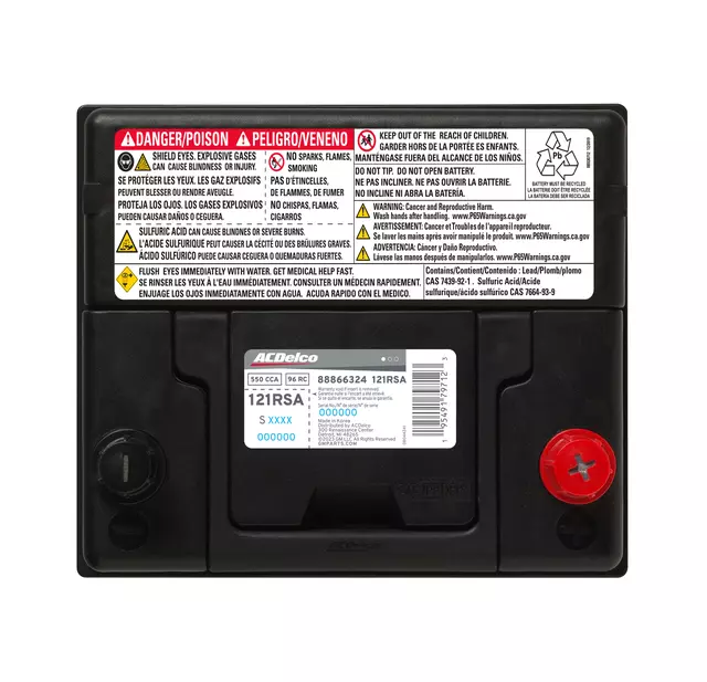 121RSA - Electrical, Charging and Starting: Battery for Chevrolet: City Express, Spectrum | Hyundai: Accent, Elantra, Veloster | Isuzu: I-Mark | Kia: Forte, Forte Koup, Rio, Soul, Spectra | Mazda: 2, 3, 323, 626, 929, B2600, MPV, MX-3, MX-6, Protege, Protege5, RX-7 | Nissan: NV200, Sentra | Toyota: Camry, Celica, Corolla, Tercel Image