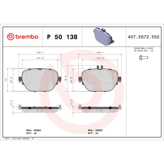 P50138 - Brakes &amp; Brake Parts: Disc Brake Pad Set for Brembo Image