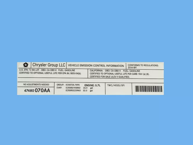 47480070AA - Labels: Vehicle Emission Control Information Label for Ram: 1500 Image
